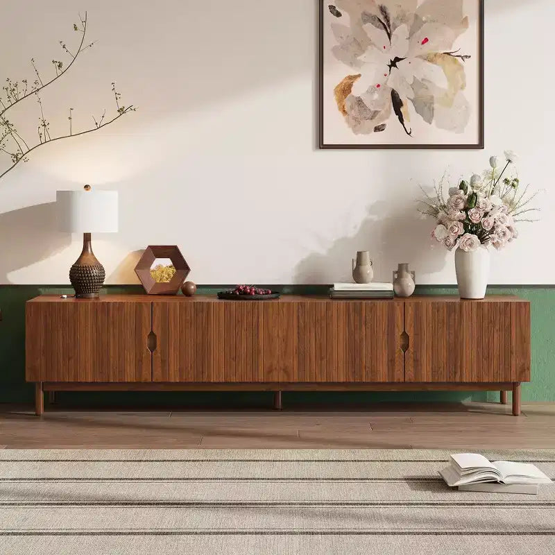87-Inch TV Stand for TVs up to 90 Inches, Media Console with 4 Cabinets, Solid Wood Legs & Vertical Groove Panel, Modern Entertainment Center