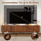 Meuble TV de 87 po pour téléviseurs jusqu'à 90 po, console média avec 4 armoires, pieds en bois massif et panneau à rainures verticales, centre de divertissement moderne