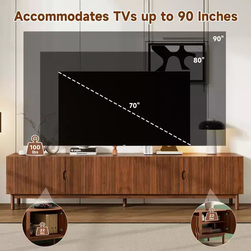 87-Inch TV Stand for TVs up to 90 Inches, Media Console with 4 Cabinets, Solid Wood Legs & Vertical Groove Panel, Modern Entertainment Center