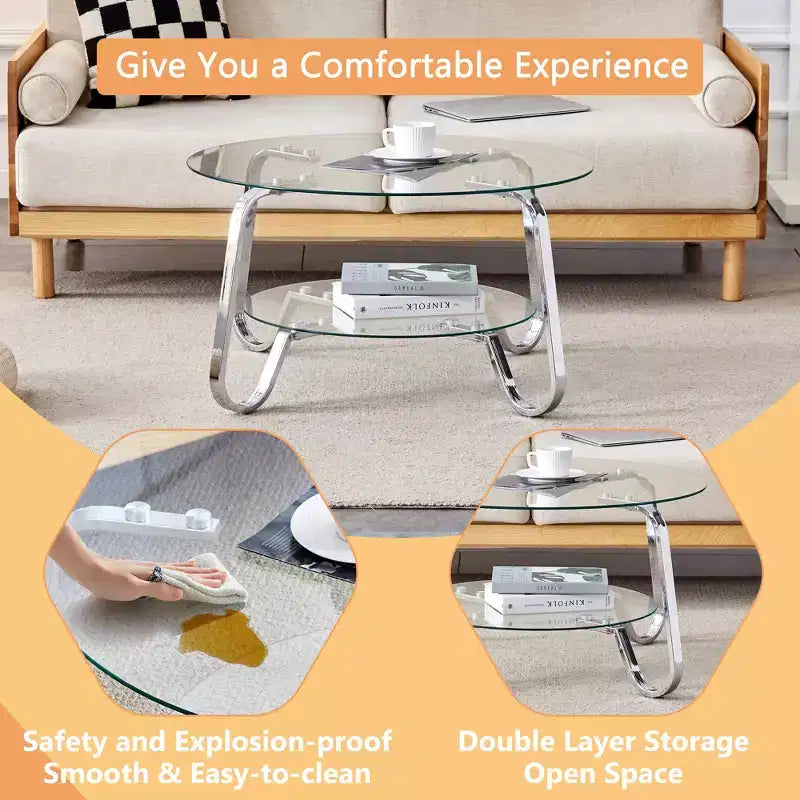 17.7 Glass Coffee Table, Modern Center Table with Tempered Glass Top for Living Room