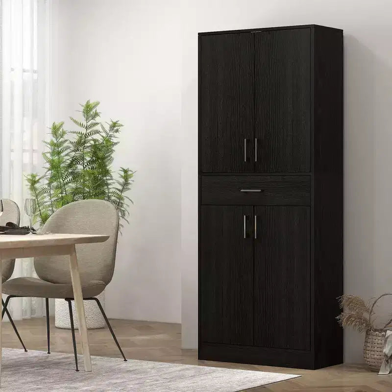 70.75 Kitchen Pantry Cabinet w/ Drawer and Adjustable Shelf, Freestanding Tall Storage Cabinet w/ 2 Double Doors, Distressed Black