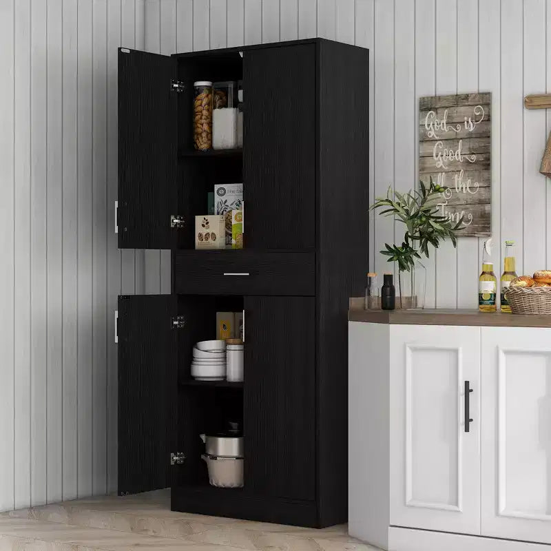 70.75 Kitchen Pantry Cabinet w/ Drawer and Adjustable Shelf, Freestanding Tall Storage Cabinet w/ 2 Double Doors, Distressed Black