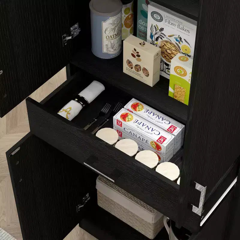 70.75 Kitchen Pantry Cabinet w/ Drawer and Adjustable Shelf, Freestanding Tall Storage Cabinet w/ 2 Double Doors, Distressed Black